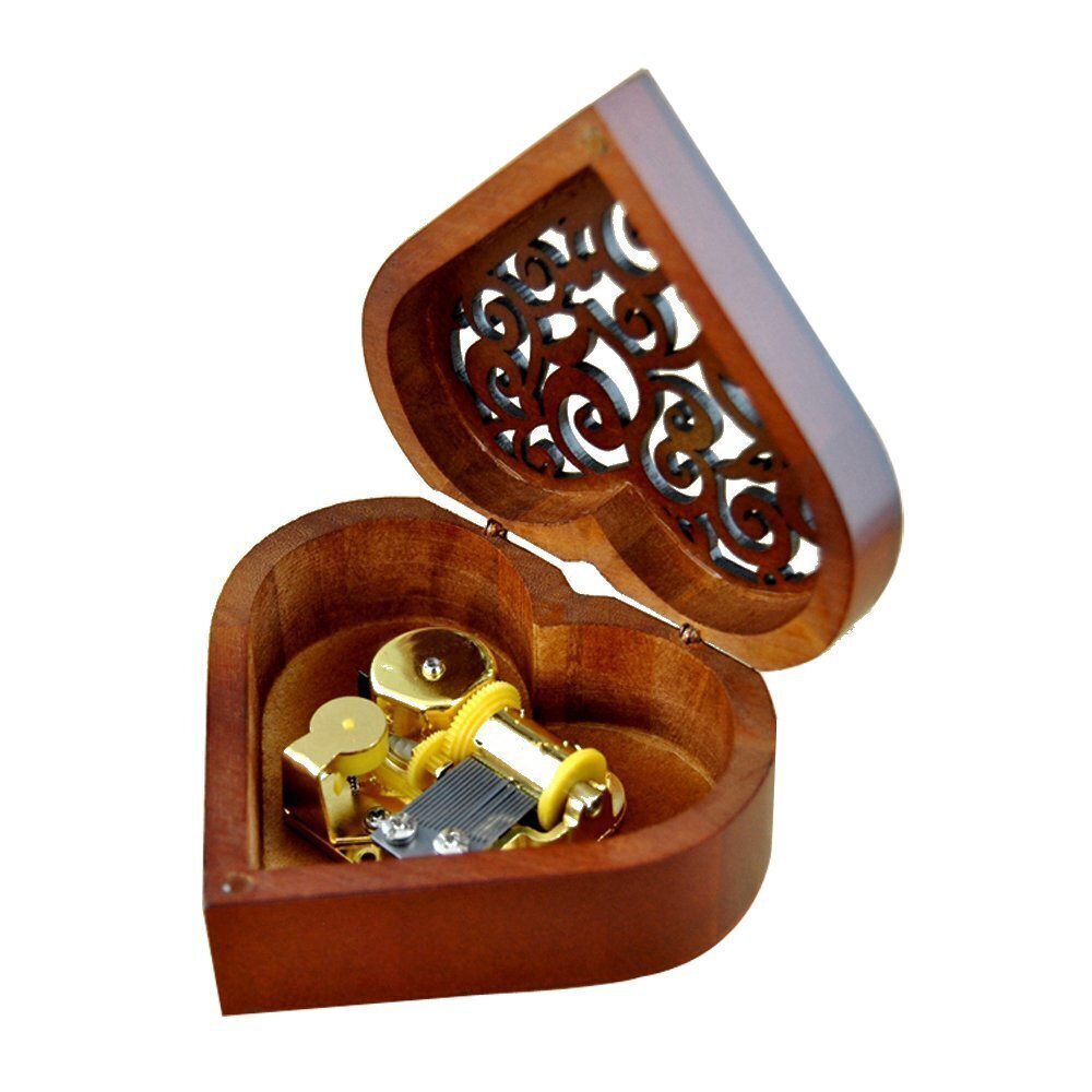 7086 Heart Shaped Vintage Wood Carved Mechanism Musical Box Wind Up Music